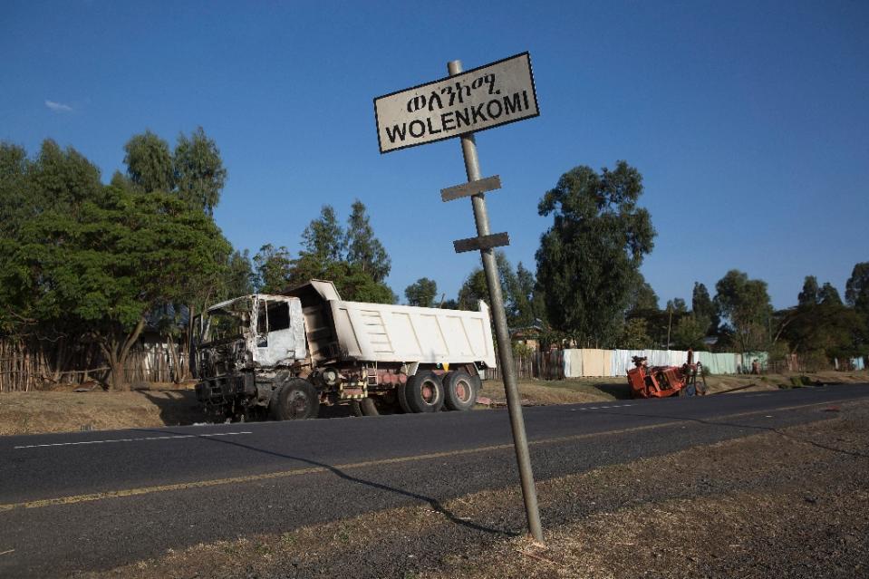 A truck set on fire by violent protesters